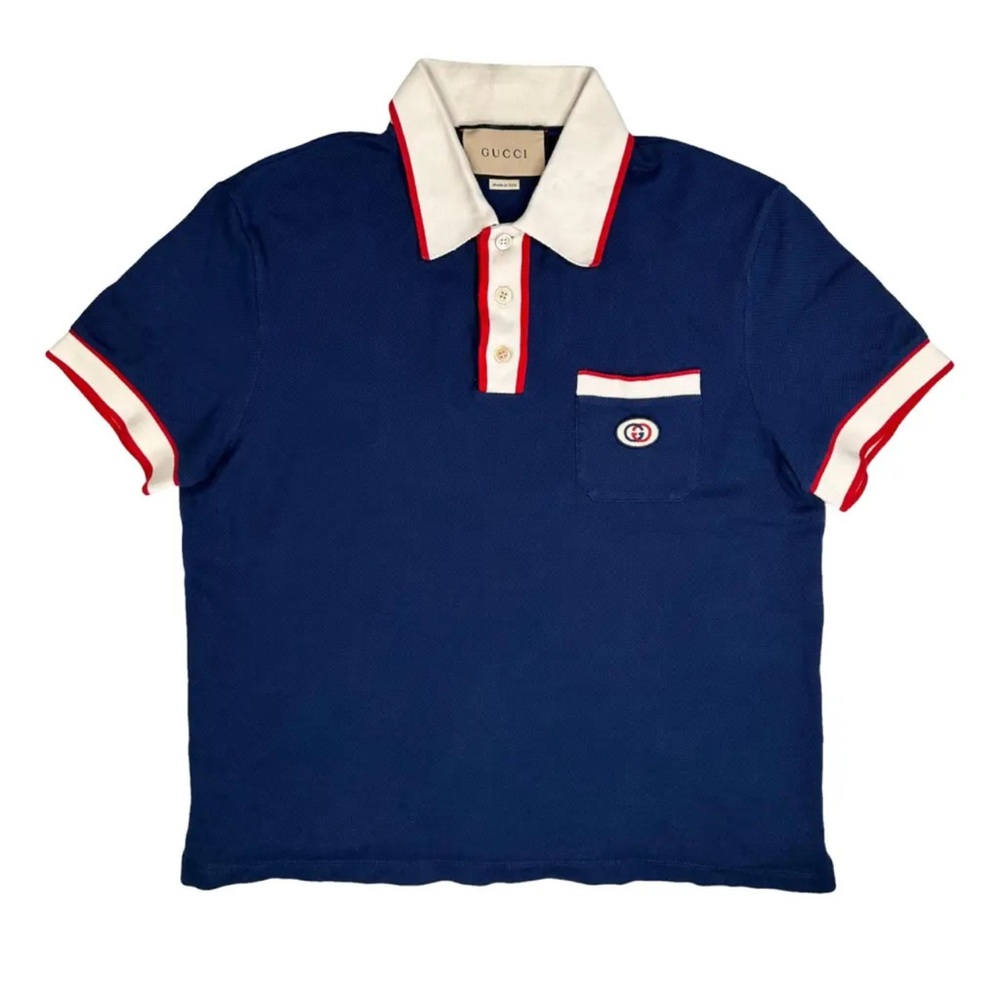 GUCCI | Men’s Logo Navy blue/red Collared Short Sleeve Shirt Size Large